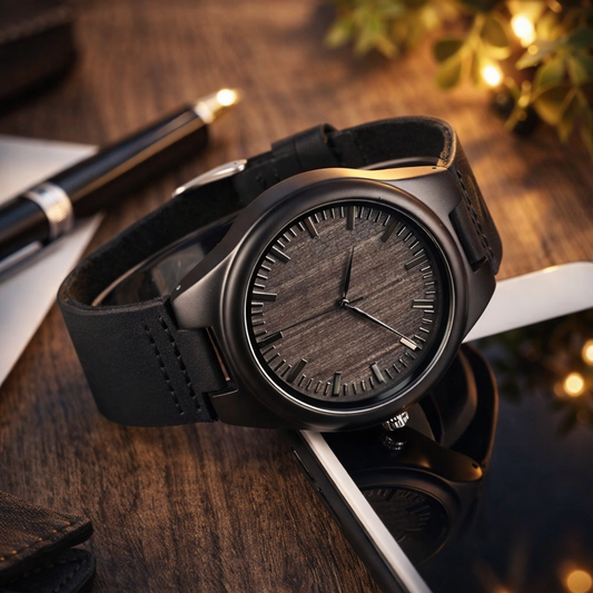Montre Minimaliste Homme en Bois – Boîtier Noir Mat & Bracelet Confortable